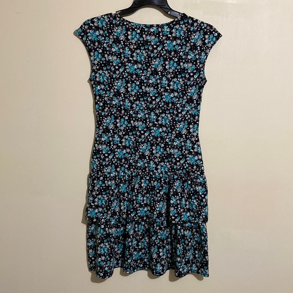 NWD Black with Blue White Floral Pattern Layered Ruffle Hem Dress Size M - Picture 3 of 10